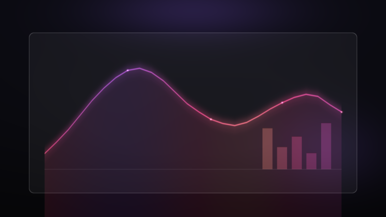 A dark analytics panel showing a rising trend line beside four comparison bars, lit in yellow, pink and violet.
